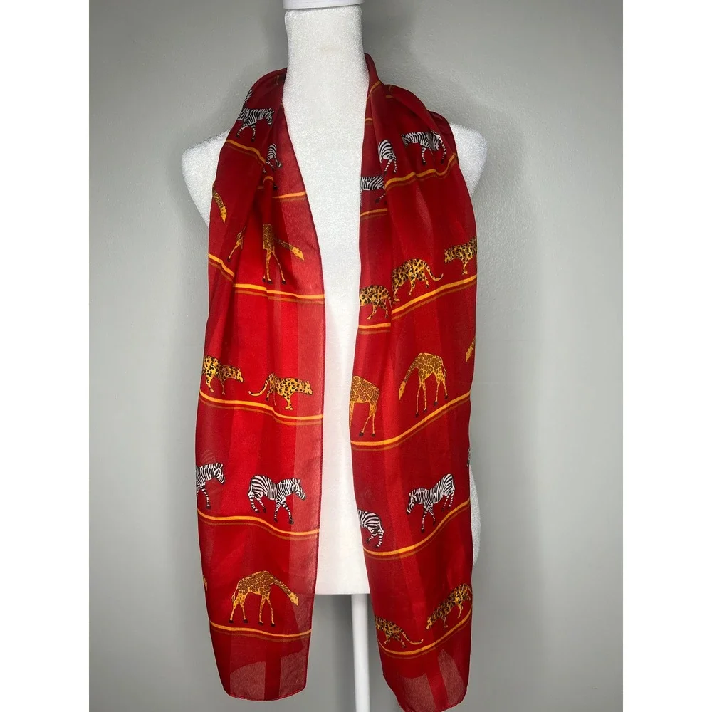 Vintage Red Safari Scarf Zebra Leopard Giraffe Sheer Rectangle Wrap Shawl Africa